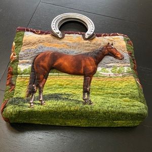 Fiber Gone Wild Wearable Art Horse Bag. Horseshoe Handles. Unique Quilted Fabric